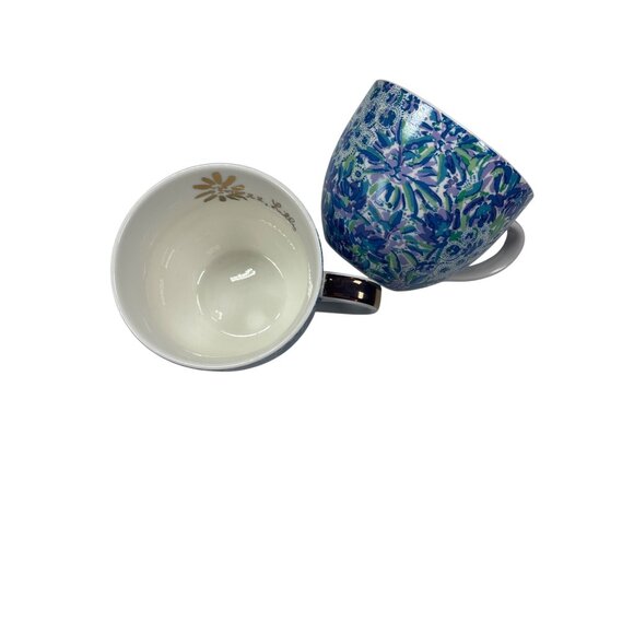 Lilly Pulitzer Floral Coffee Mug Set of 2 Blue Gold Handles - Picture 2 of 3